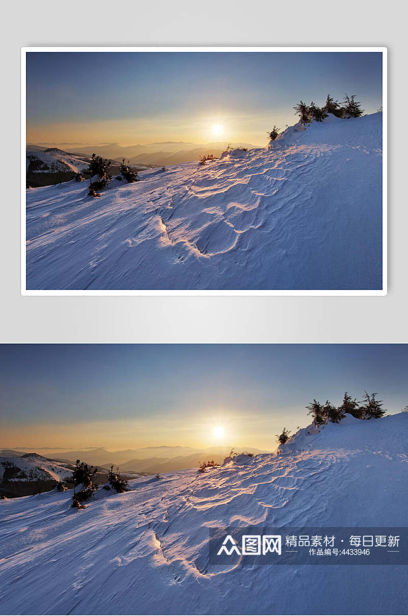 蓝天白云阳光树木雪山雪景图片素材