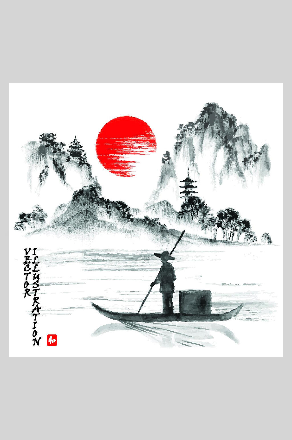 船日式山水矢量插画素材