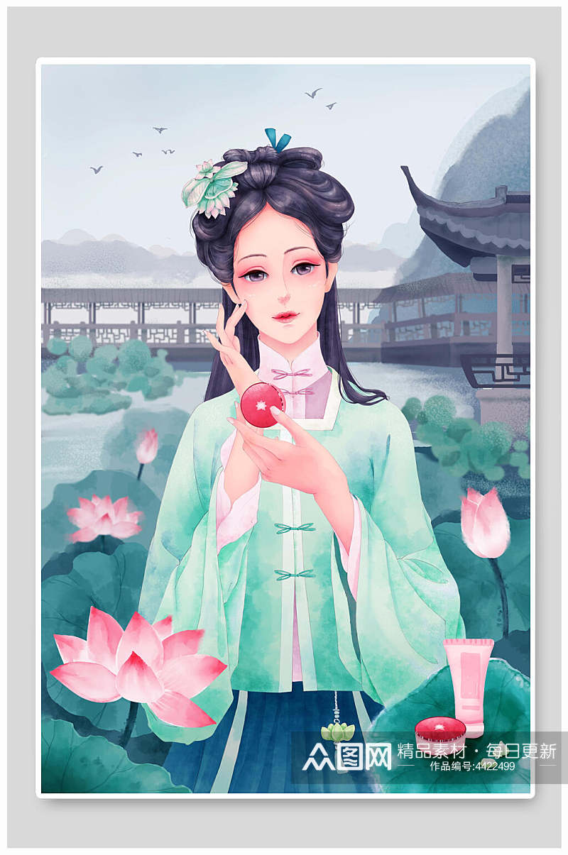 荷花荷叶美女擦粉中国风插画素材