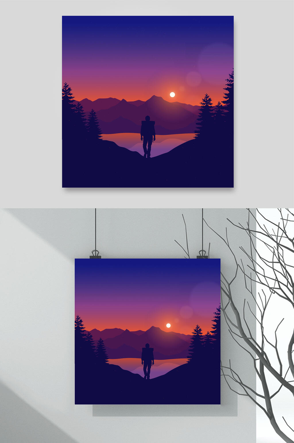 创意夕阳高山山顶矢量插画素材