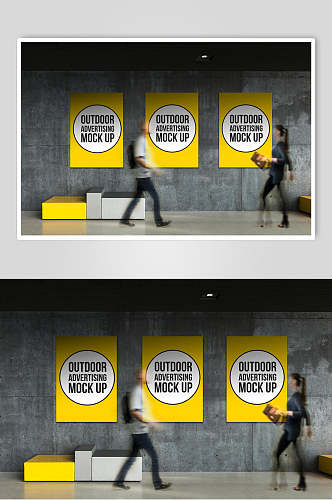 黄色简约墙贴海报广告样机