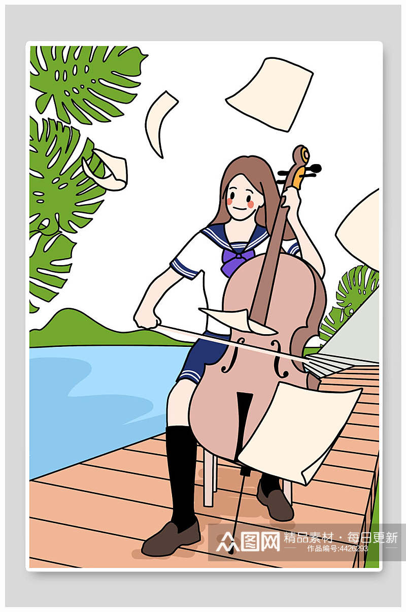 创意纸张大提琴校园生活插画素材