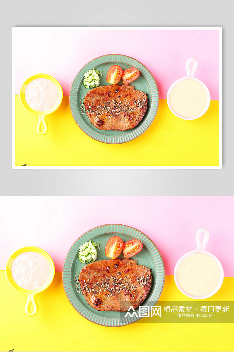 牛排番茄青菜盘子黄色沙拉图片素材