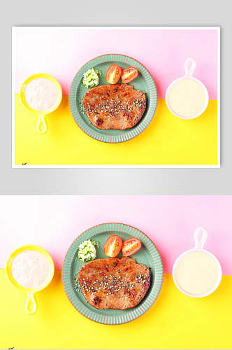 牛排番茄青菜盘子黄色沙拉图片