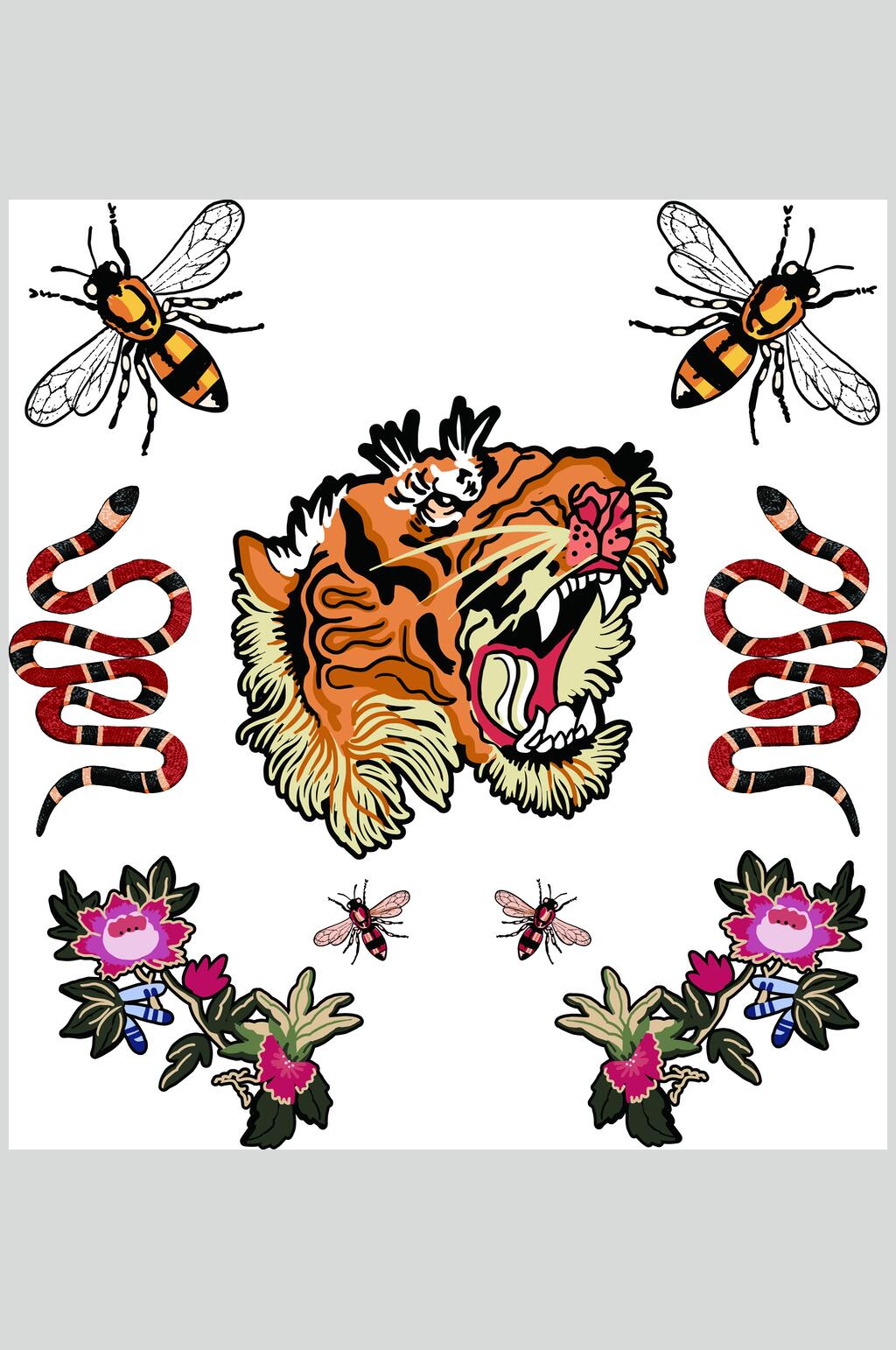 中式简约潮流猛虎插画印花矢量素材素材