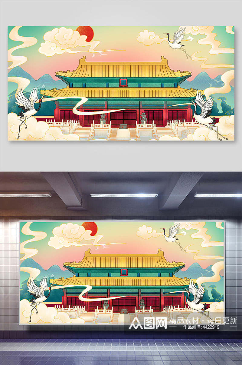 古楼中国风插画素材
