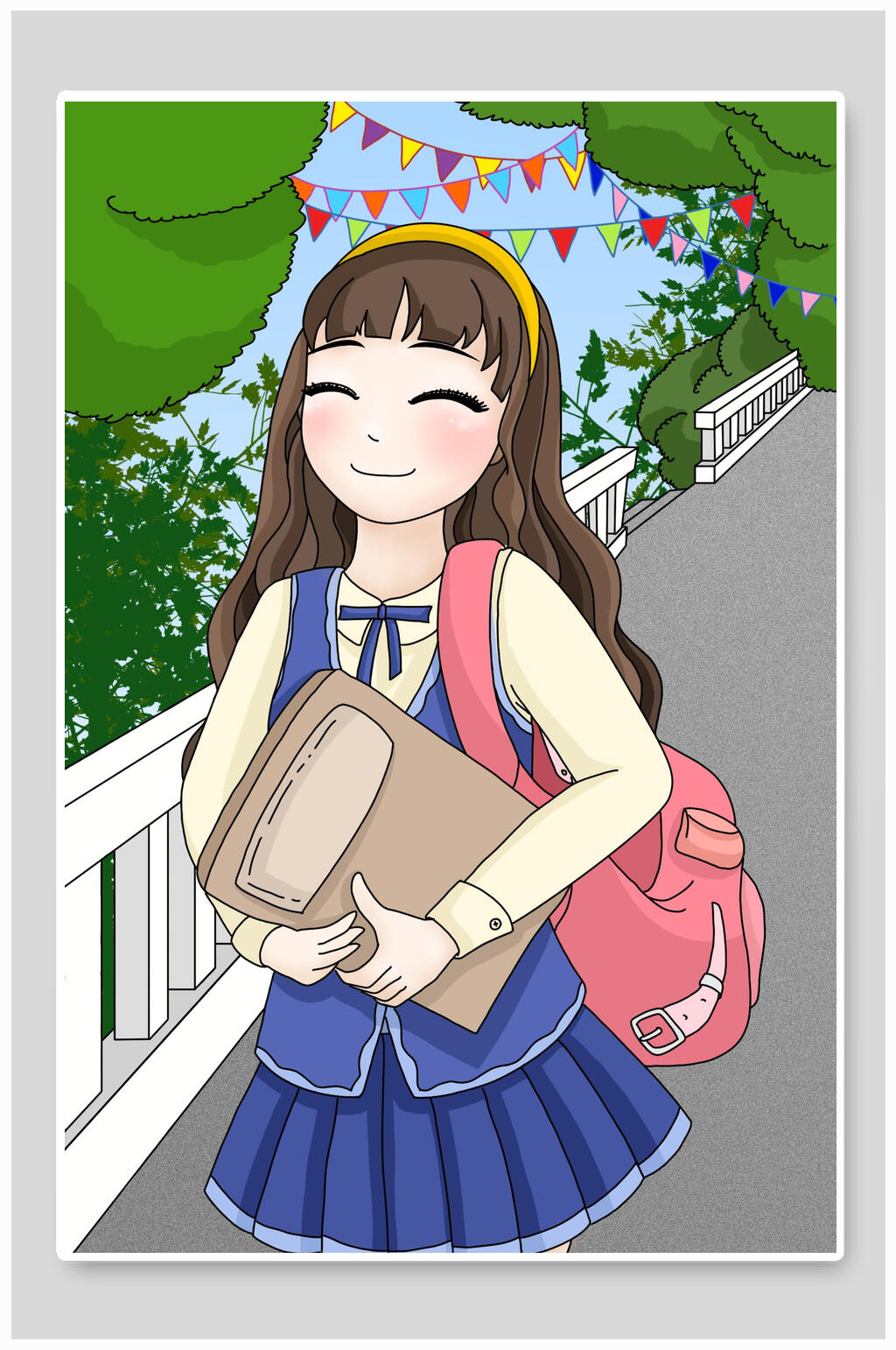 简约彩带书包校园生活插画素材