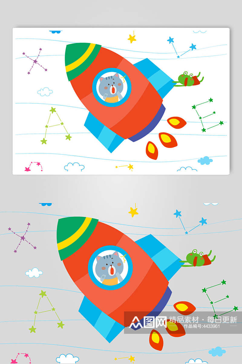 火箭动物儿童插画矢量素材素材