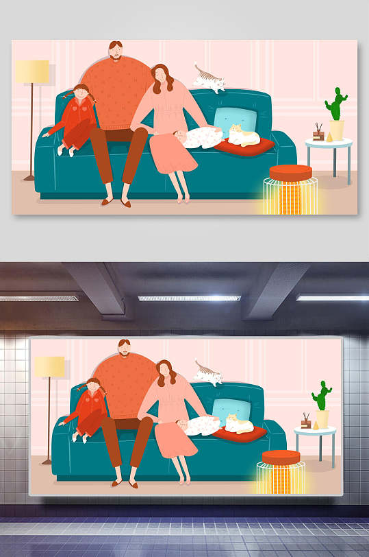 创意一家三口猫咪生活场景插画