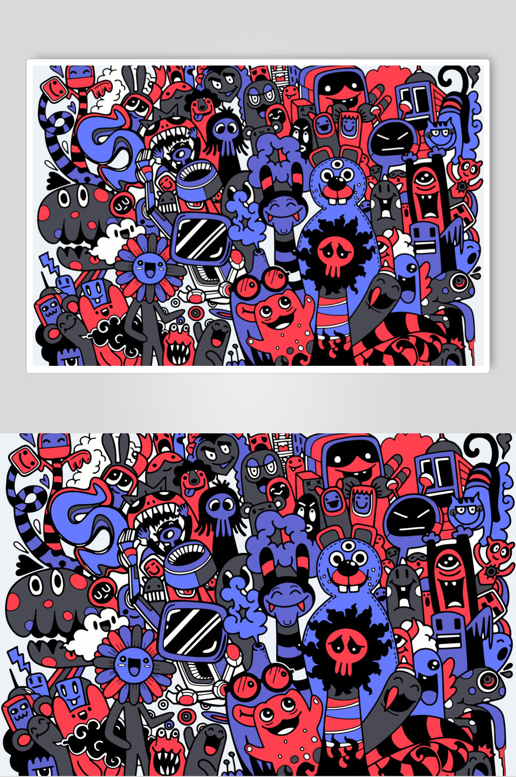 蓝红狮子手绘简约涂鸦插画矢量素材素材