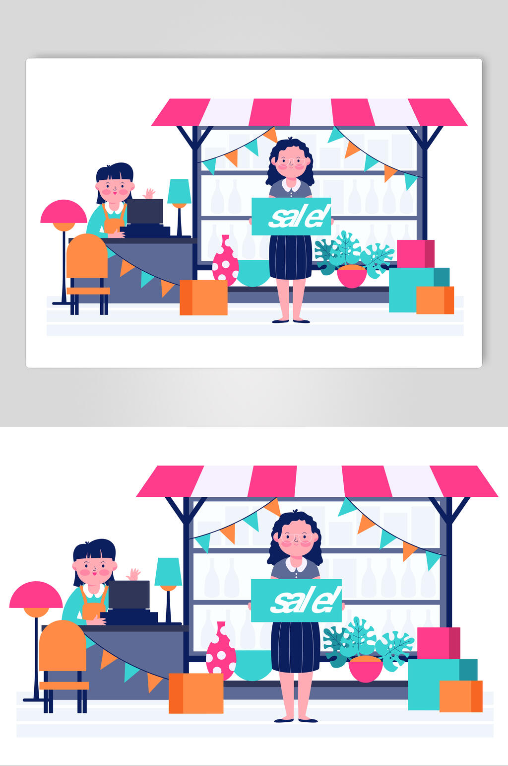 店铺时尚服装购物场景插画矢量素材素材