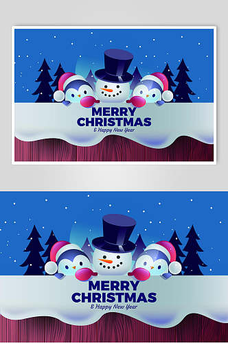 树木蓝色雪人圣诞场景插画矢量素材