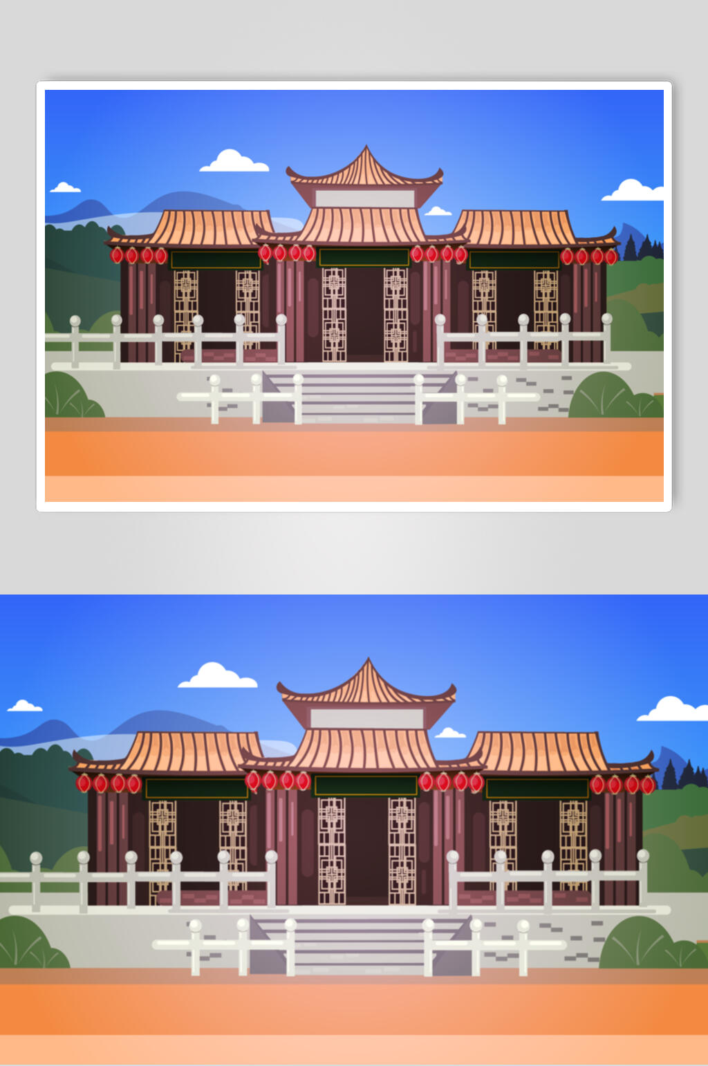 云朵蓝绿简约中式古代建筑矢量素材素材
