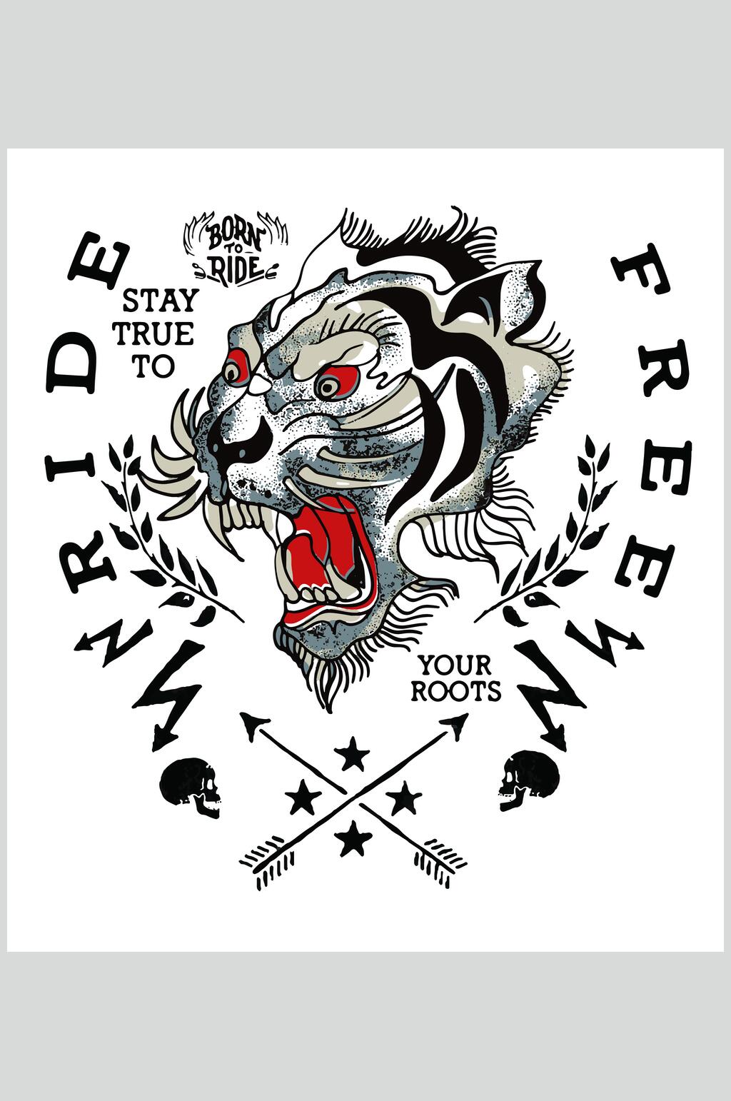 黑色简约潮流猛虎插画印花矢量素材素材