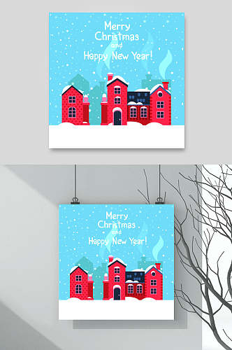 房子蓝红英文简约风圣诞节矢量素材