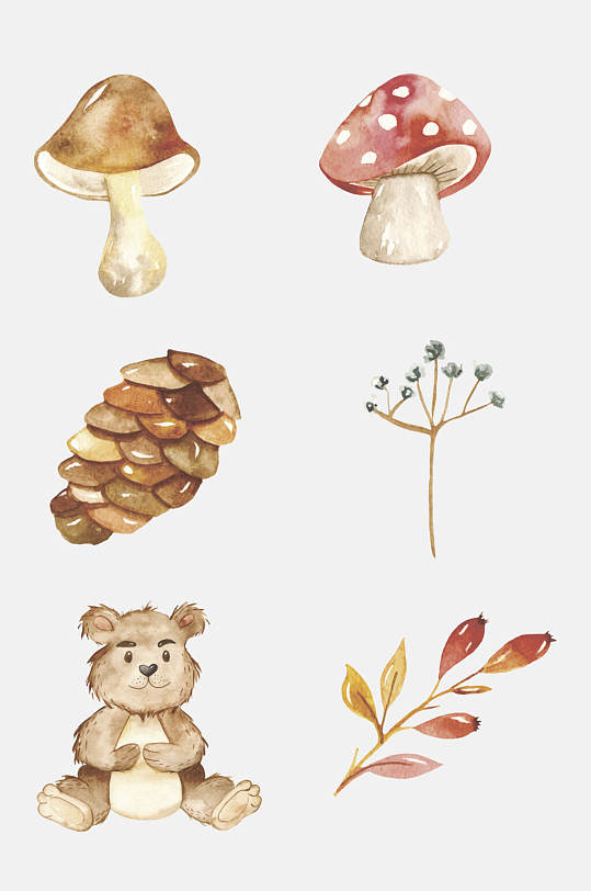 小熊蘑菇秋季水彩动物树叶免抠素材