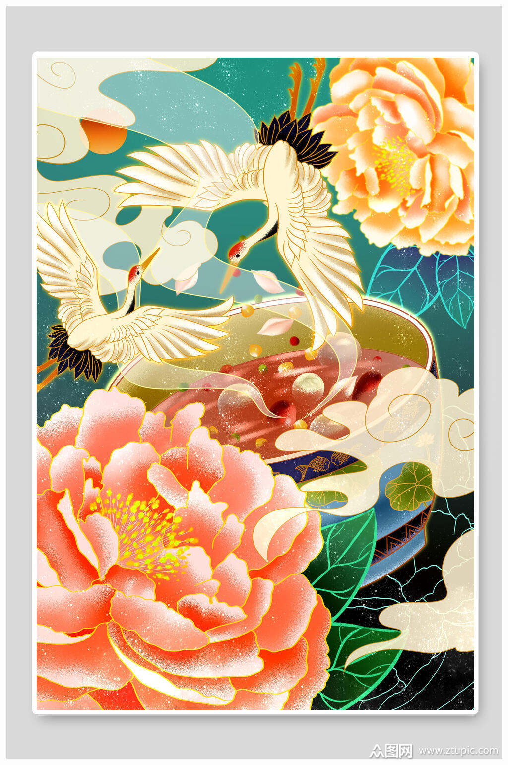 创意花朵仙鹤时尚中国风插画素材