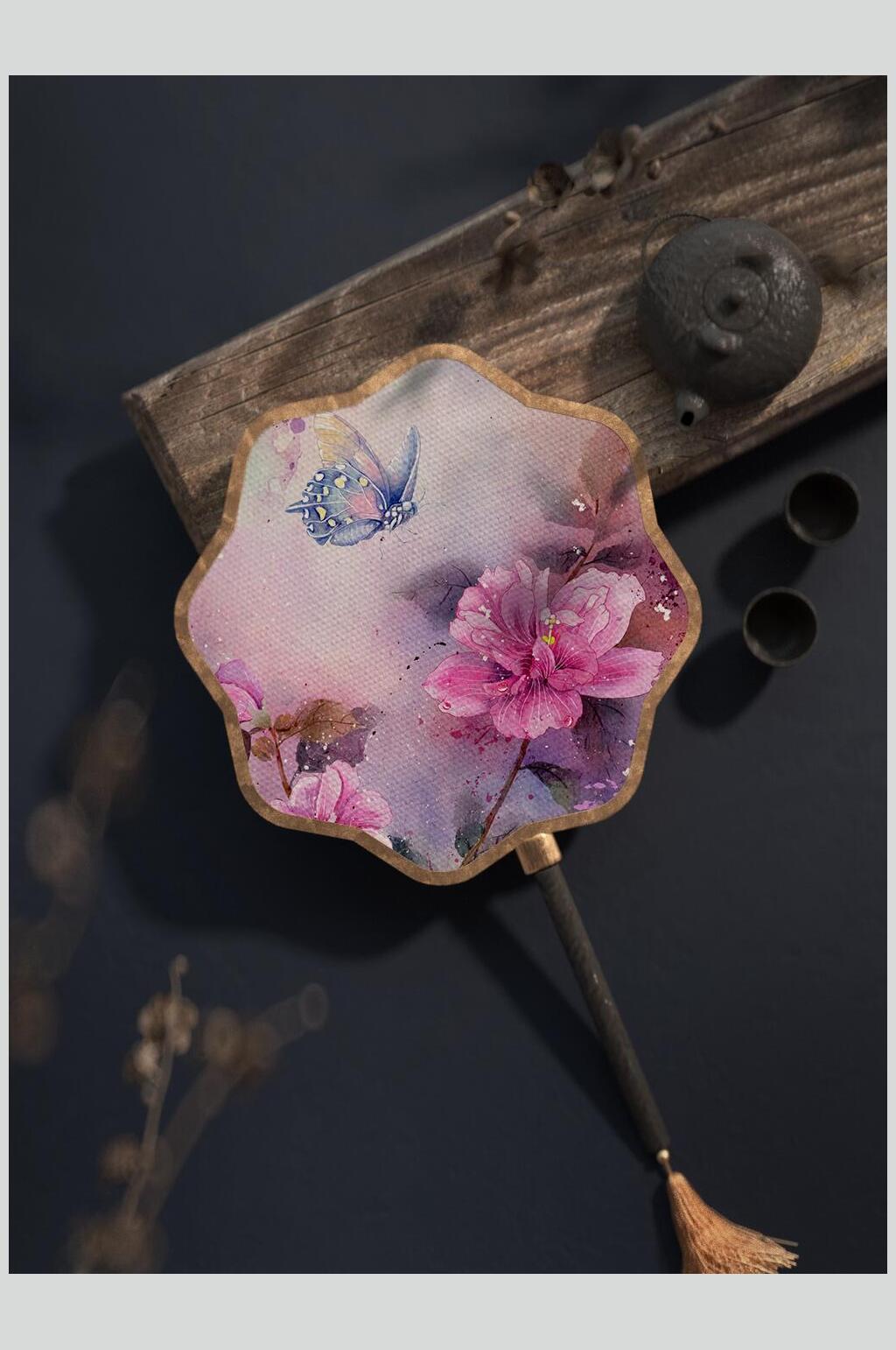 花朵叶子流苏中国风团扇展示样机素材