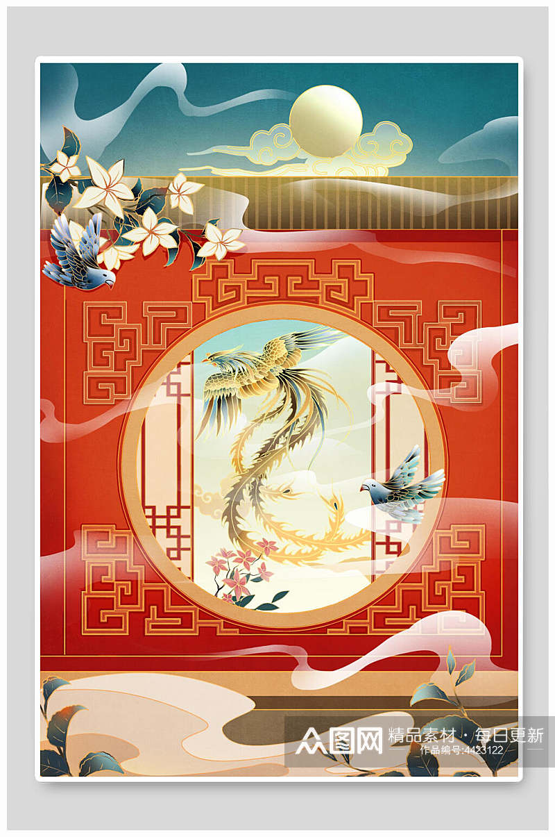 红色凤凰月亮中国风插画素材