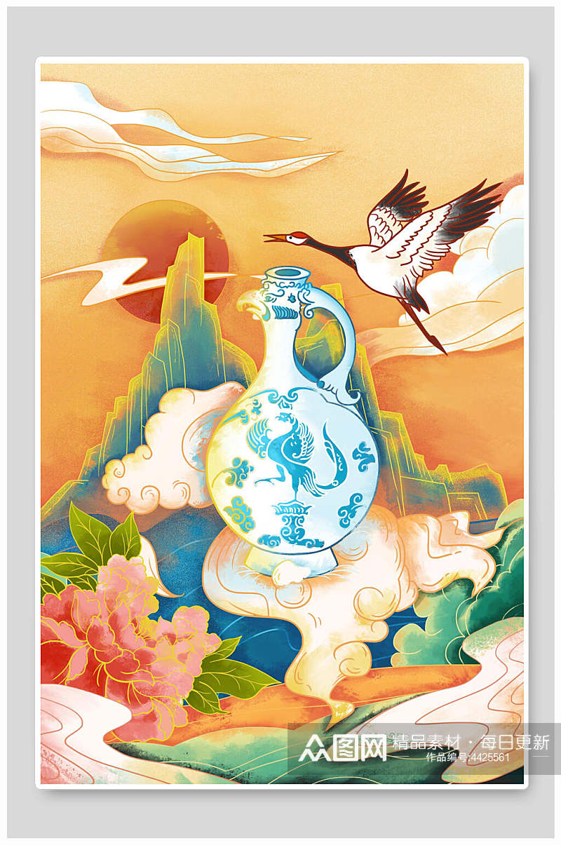 创意仙鹤花朵陶瓷中国风插画素材