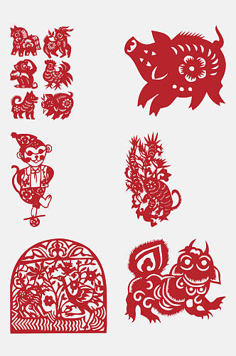 纹理红色动物生肖剪纸图案免抠素材