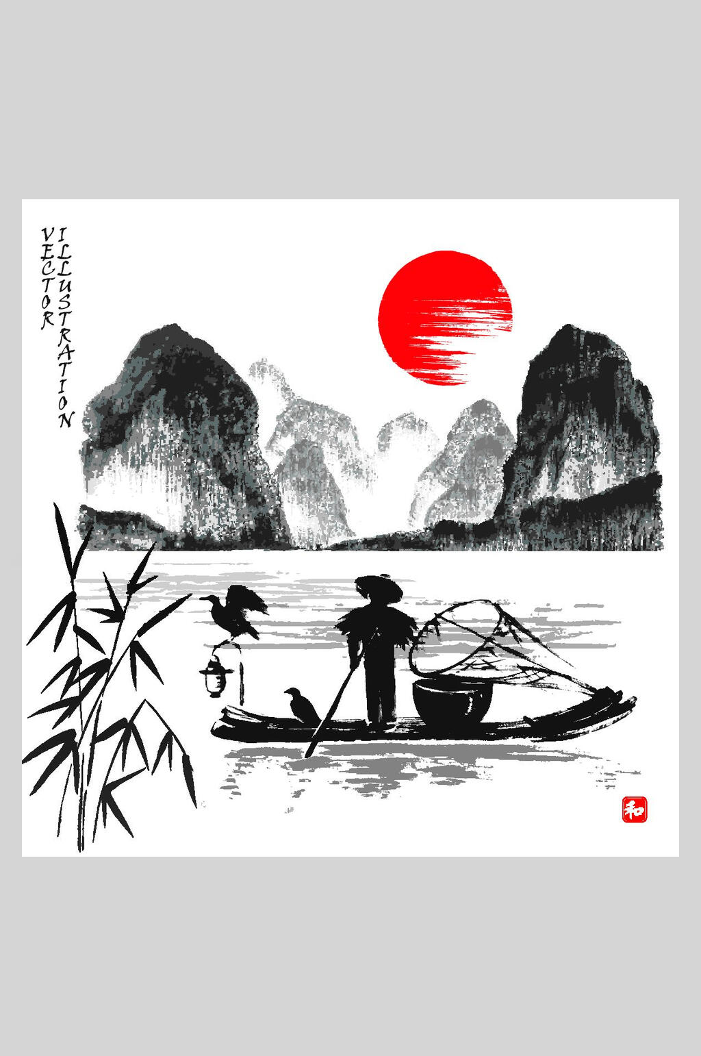 竹子日式山水矢量插画素材