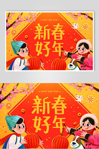 灯笼红黄帽子喜庆春节背景矢量素材