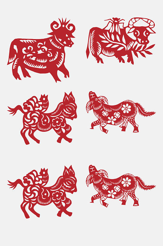 牛头花朵动物生肖剪纸图案免抠素材