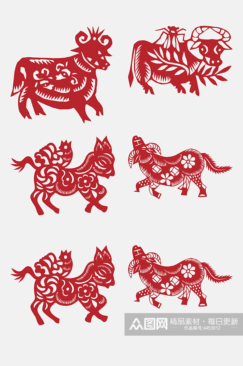 牛头花朵动物生肖剪纸图案免抠素材素材