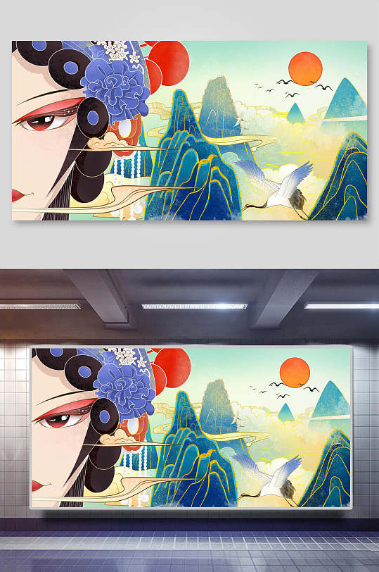创意仙鹤京剧中国风插画