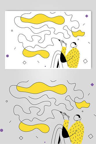 线条黑黄简约风扁平化人物插画素材