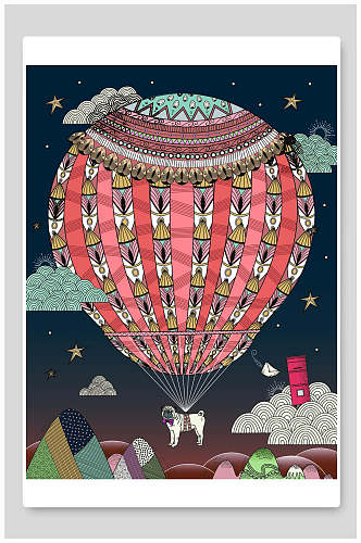 热气球北欧动物矢量插画
