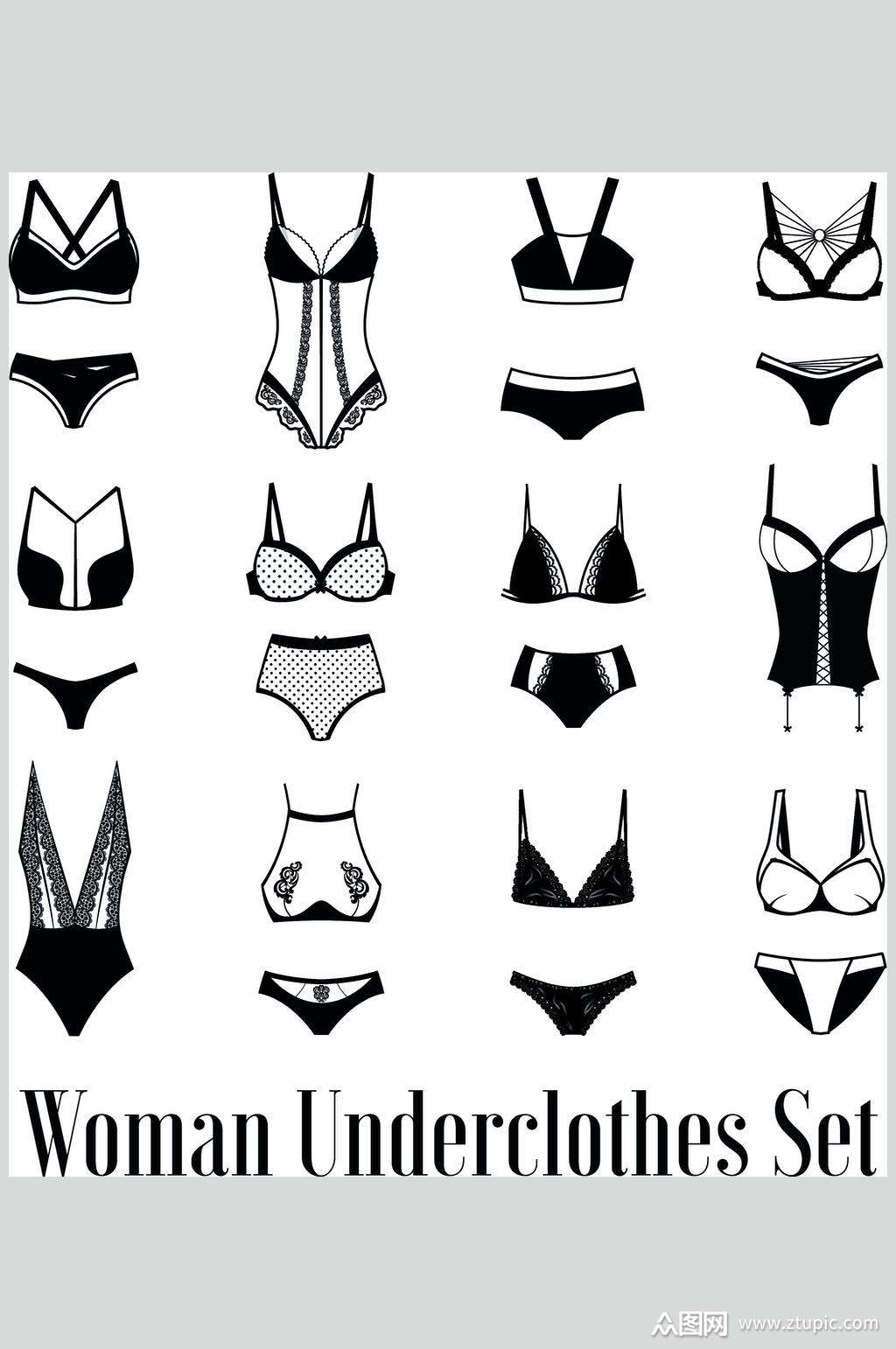 黑色英文手绘简约女性内衣矢量素材素材