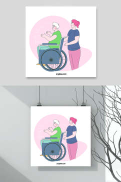 粉绿轮椅简约清新残疾人矢量素材