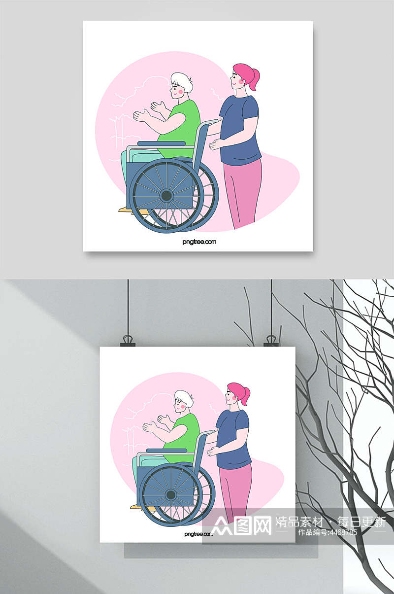 粉绿轮椅简约清新残疾人矢量素材素材