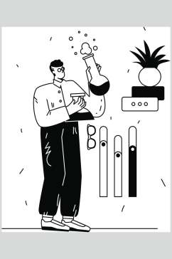 植物眼镜黑白简洁人物插画矢量素材