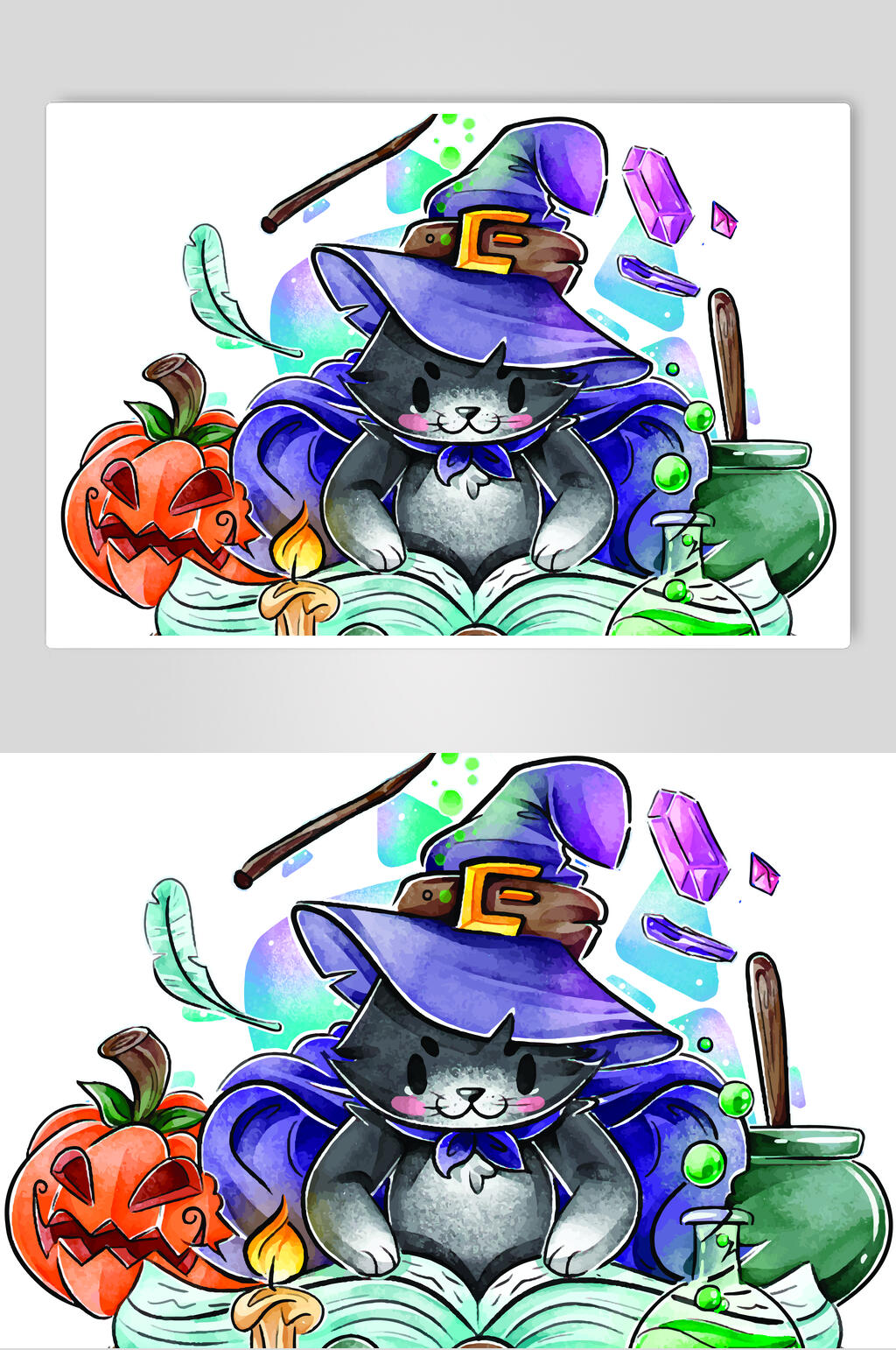 手绘矢量万圣节猫咪插画素材素材