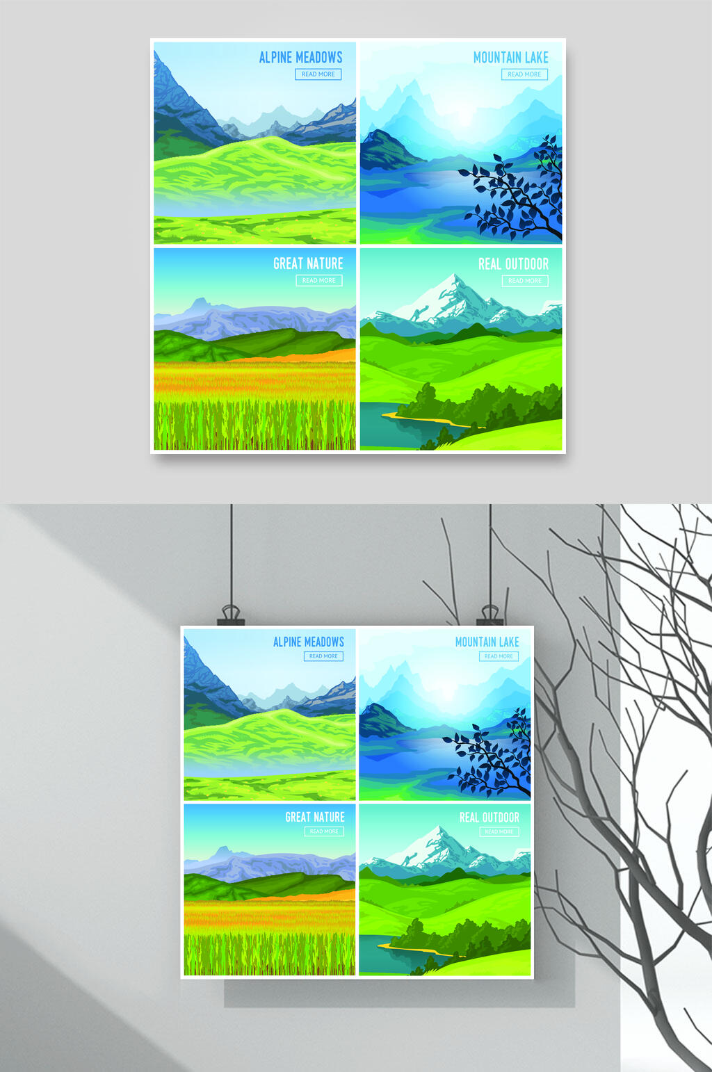 蓝绿英文手绘高山山顶矢量插画素材素材