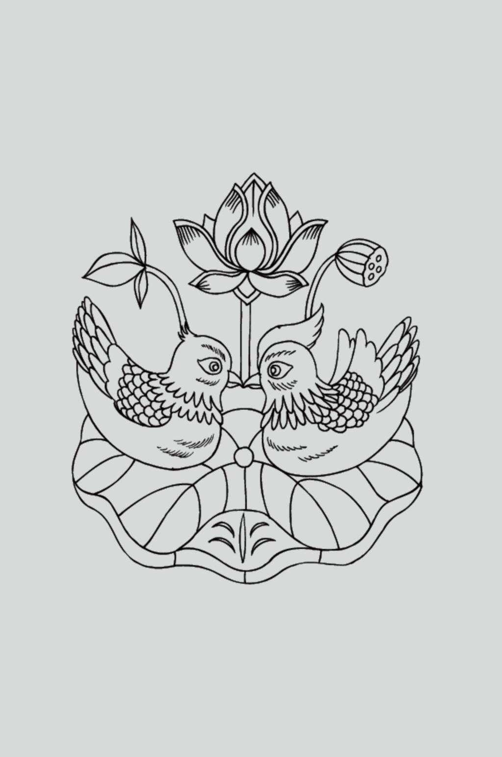 小鸟黑色荷花古典线描纹样矢量素材素材
