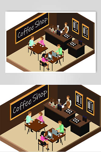 褐色电脑咖啡厅场景等距插画矢量素材