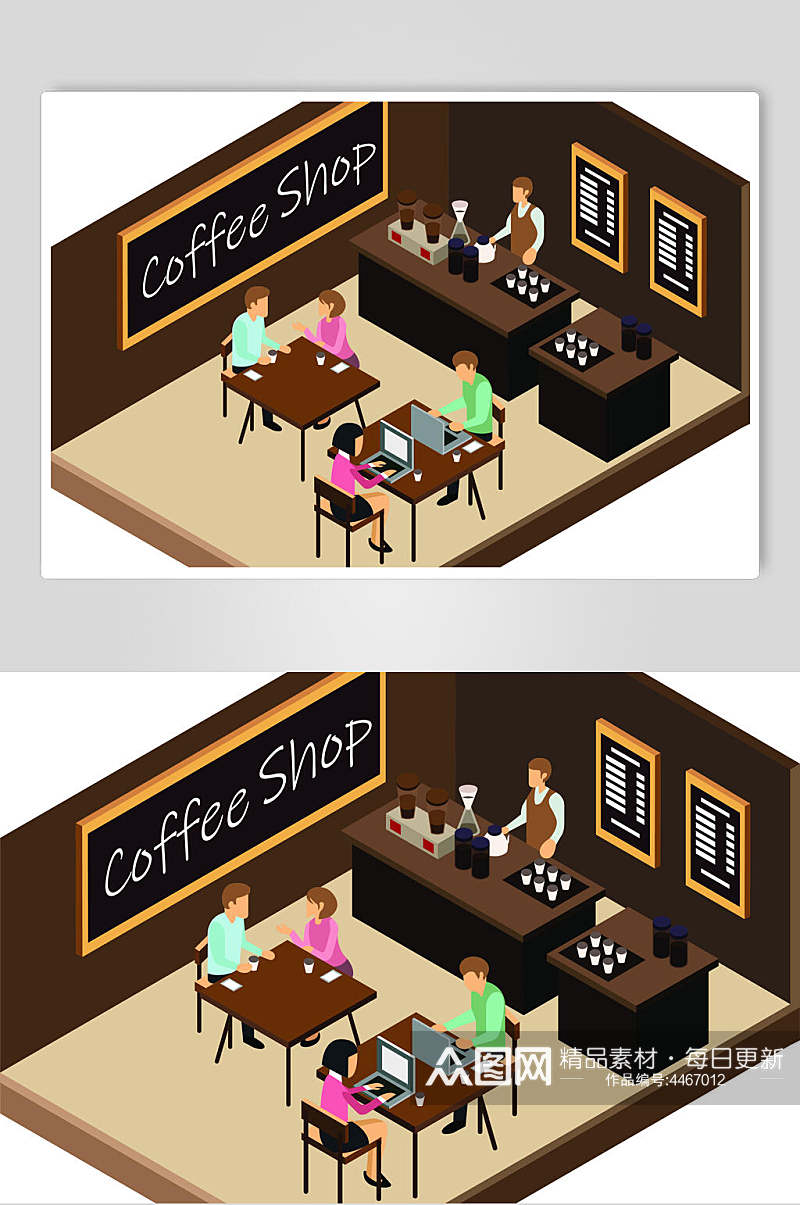 褐色电脑咖啡厅场景等距插画矢量素材素材