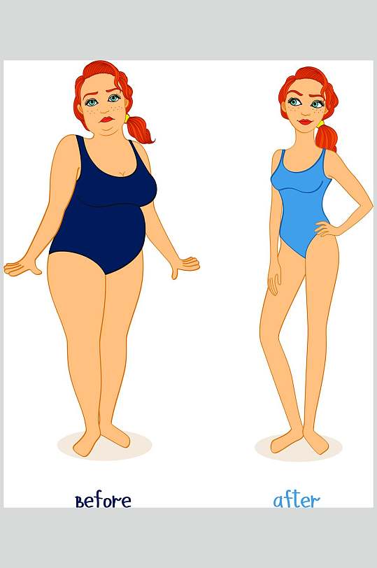 泳衣红发简约手绘肥胖减肥矢量素材