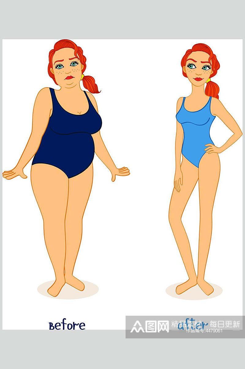 泳衣红发简约手绘肥胖减肥矢量素材素材