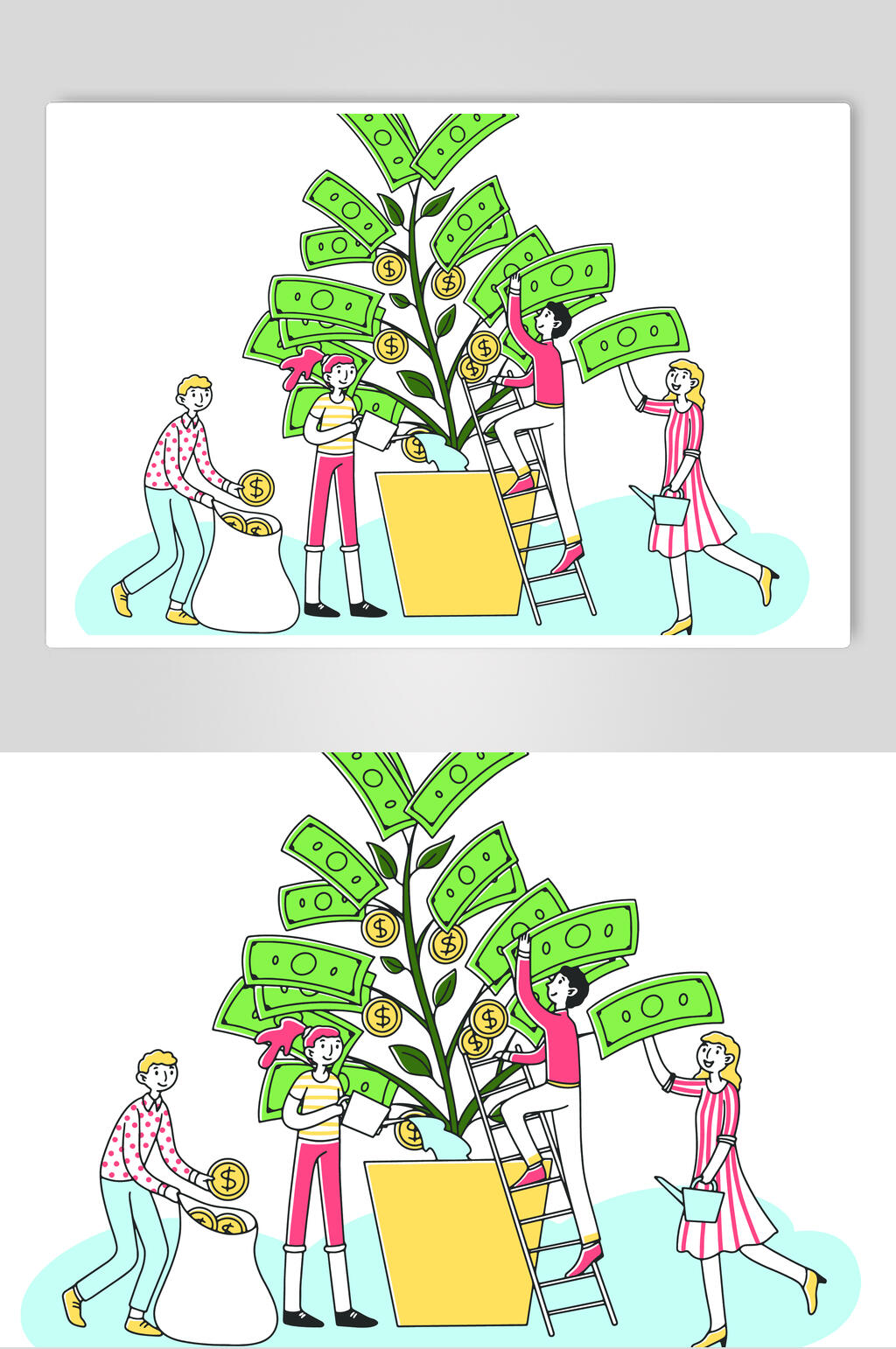 钱币盆栽楼梯清新手绘家庭矢量素材素材