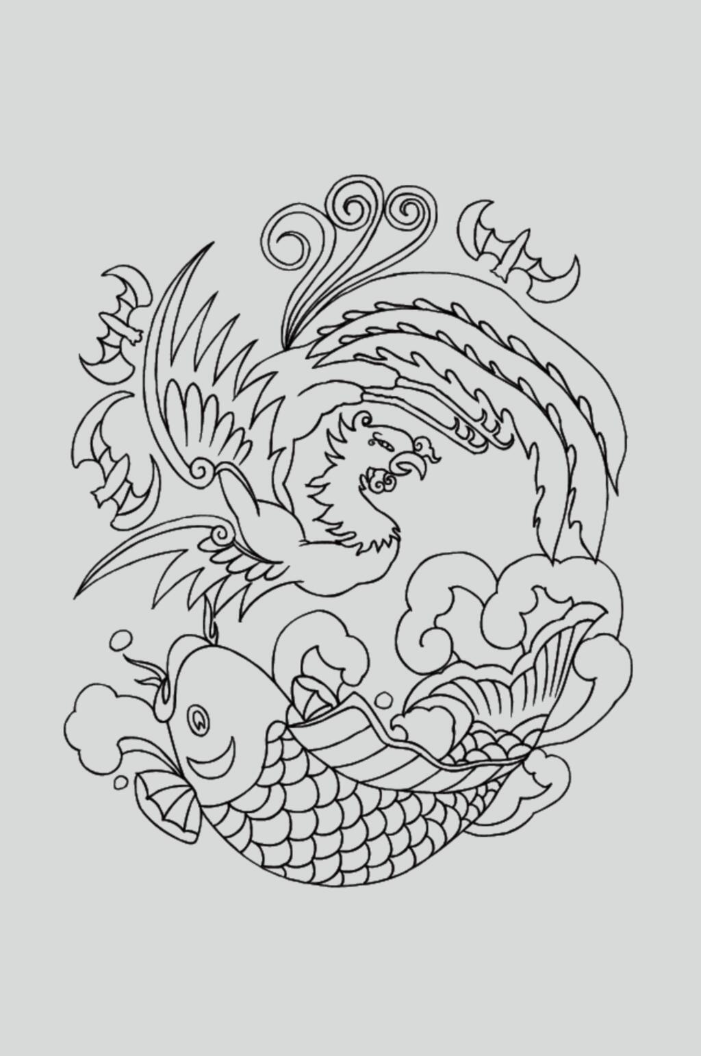 凤凰锦鲤黑色古典线描纹样矢量素材素材