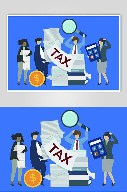 放大镜钱币蓝税务财务记账矢量素材