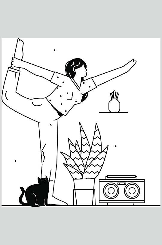瑜伽猫咪黑白简洁人物插画矢量素材