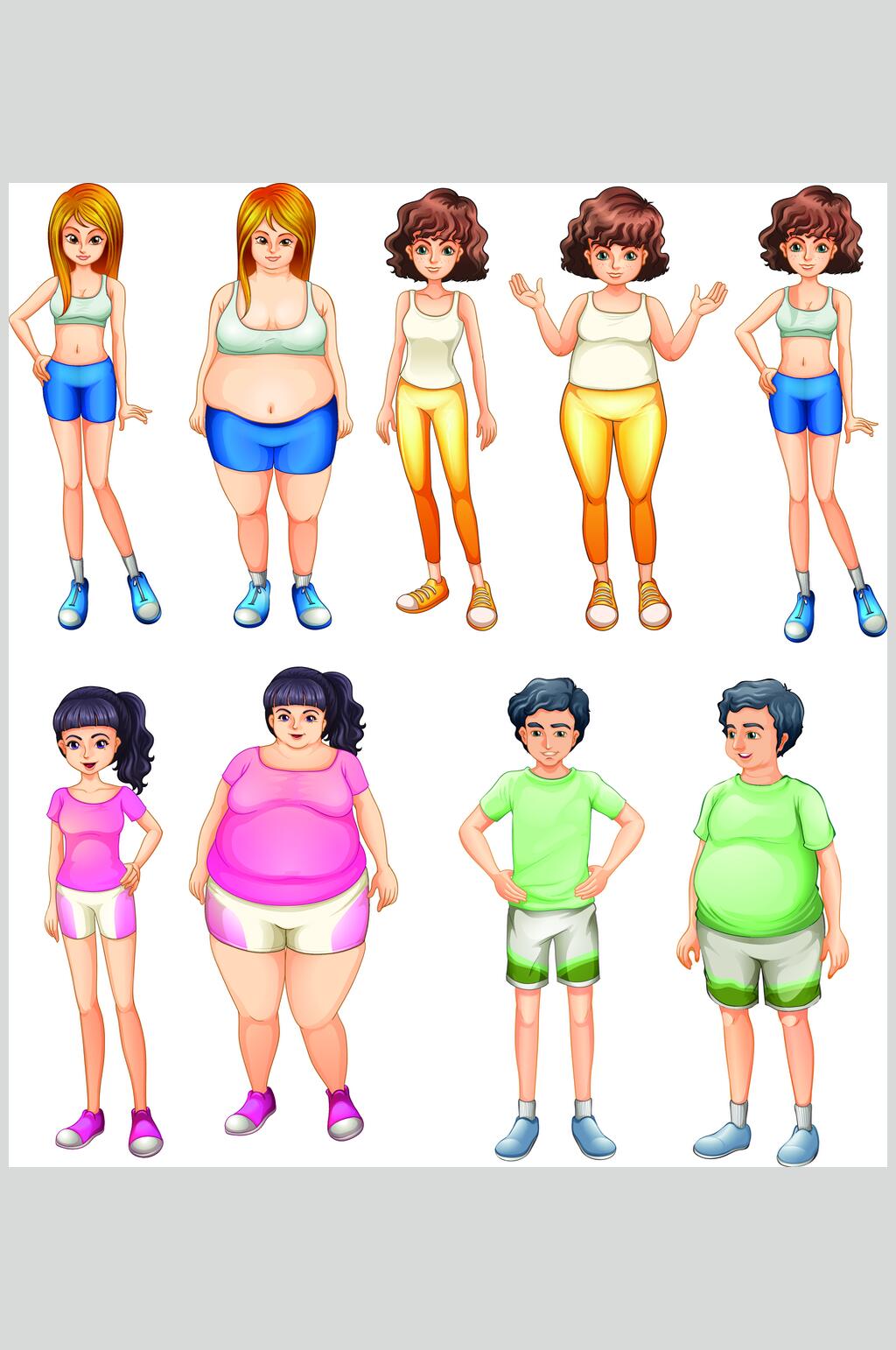 男女手绘插画简约肥胖减肥矢量素材素材