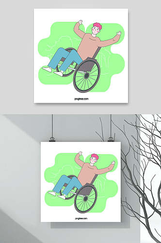 轮椅绿色悬空手绘残疾人矢量素材