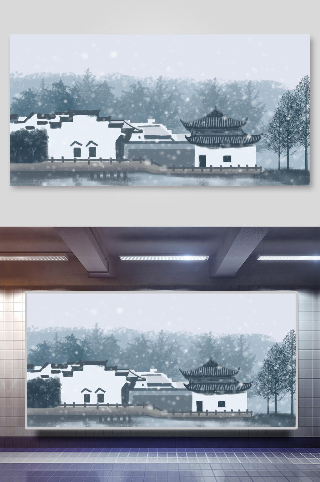 灰色古镇建筑插画素材